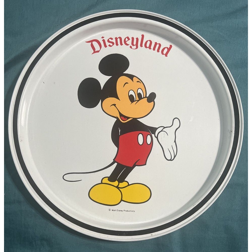 Vintage CLASSIC "DISNEYLAND" Mickey Mouse Round White Metal Tray Black Trim